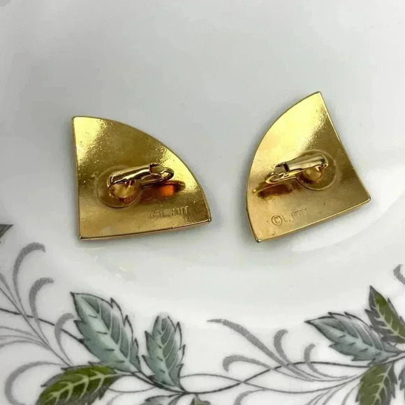 VTG Green-Blue Enamel L. Bott Clip On Earrings Gold Tone Signed - Picture 4 of 8